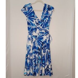 Women's Maggy London Blue & White Stretchy Tropical Floral Midi Dress Size 10